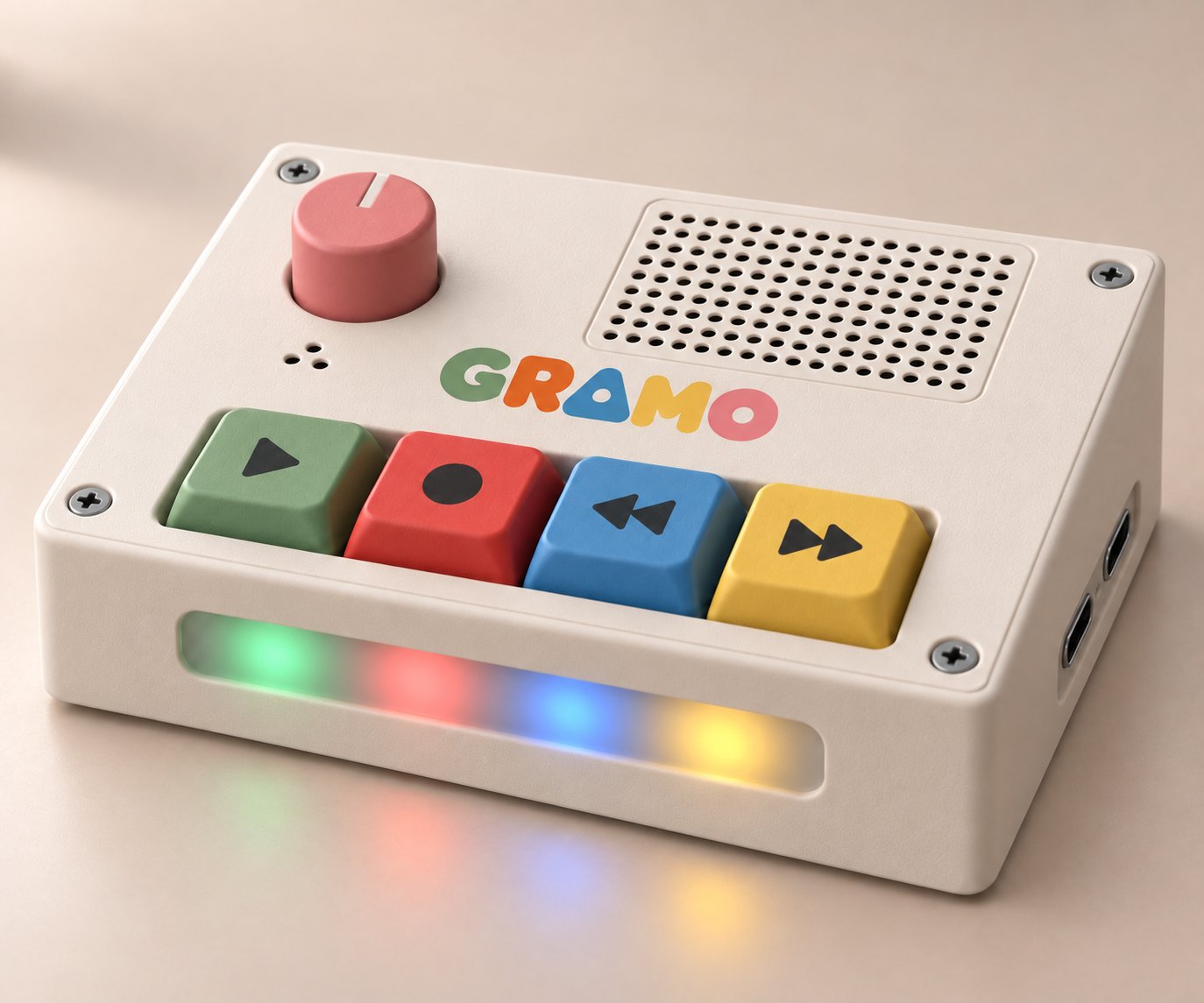 Gramo: a cream-colored box with a rose volume knob, a speaker grille, and four chunky buttons (green play, red record, blue back, and yellow next) above a glowing light bar.